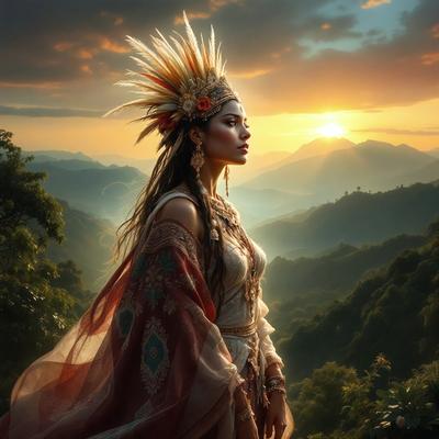 The primary subject of the image is a woman wearing a headdress and a long dress, standing in a forest. The setting is a lush green forest with mountains in the background. The visual style is a combination of photo and digital art, creating a vibrant and detailed scene. The colors and mood of the image are warm and natural, with the woman's attire and the forest's greenery creating a sense of harmony with nature.